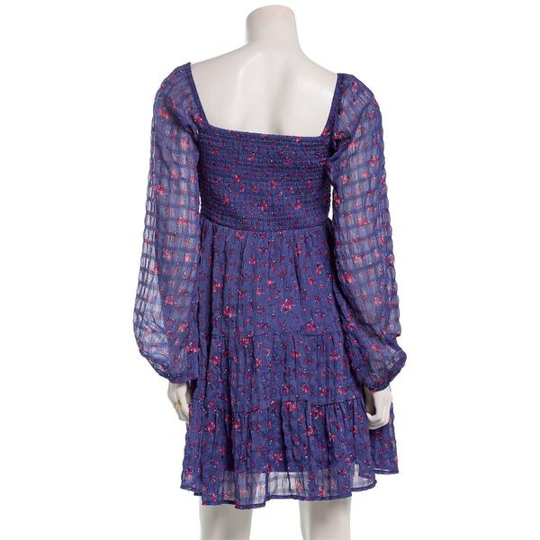 Juniors Jolt Long Sleeve Floral Pucker Chiffon Skater Dress