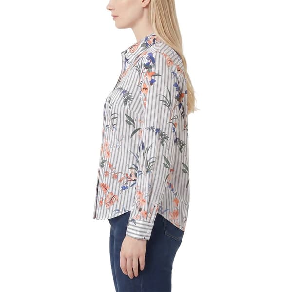Womens NY Collection Long Sleeve Stripe Floral Button Down Blouse