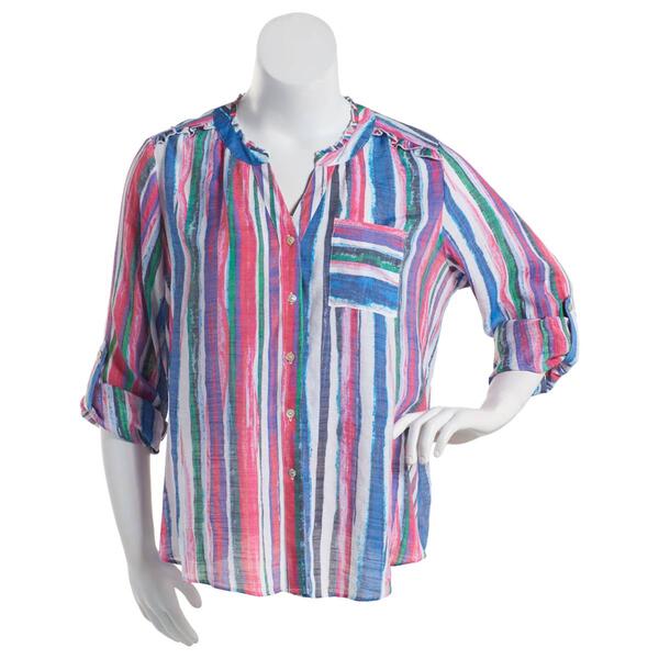 Plus Size Zac & Rachel 3/4 Sleeve Stripe Button Down Blouse - image 