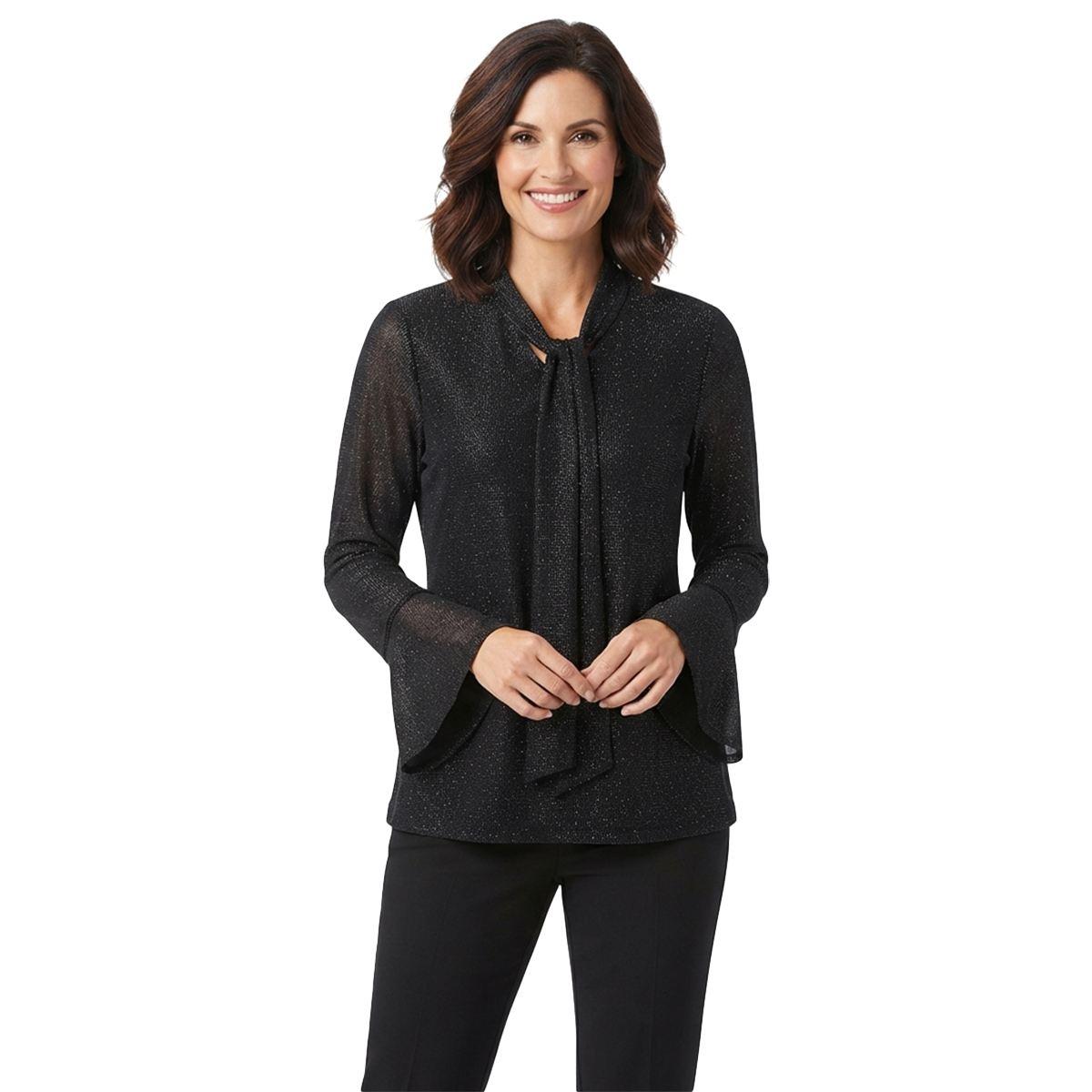 Womens Kasper Bell Sleeve Tie Neck Textured Lurex Blouse