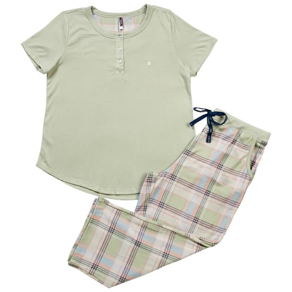 Womens IZOD Short Sleeve Hacci Henley Tee & Plaid Printed Capri P - image 