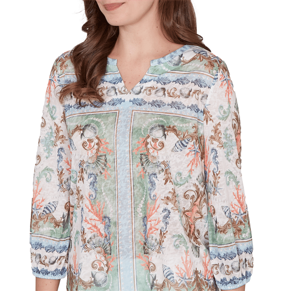 Womens Ruby Rd. Seas The Day 3/4 Sleeves Coastal Ocean Blouse