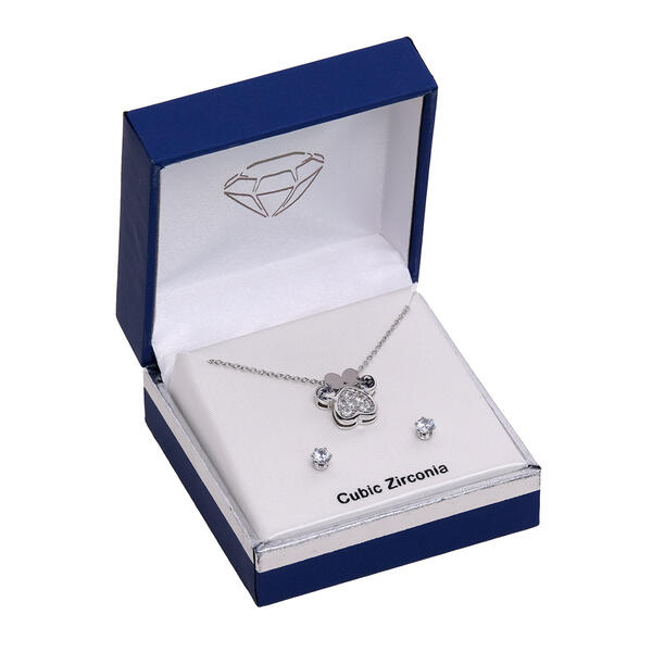 Boxed Silver-Tone Cubic Zirconia Paw Print Necklace & Earring Set - image 
