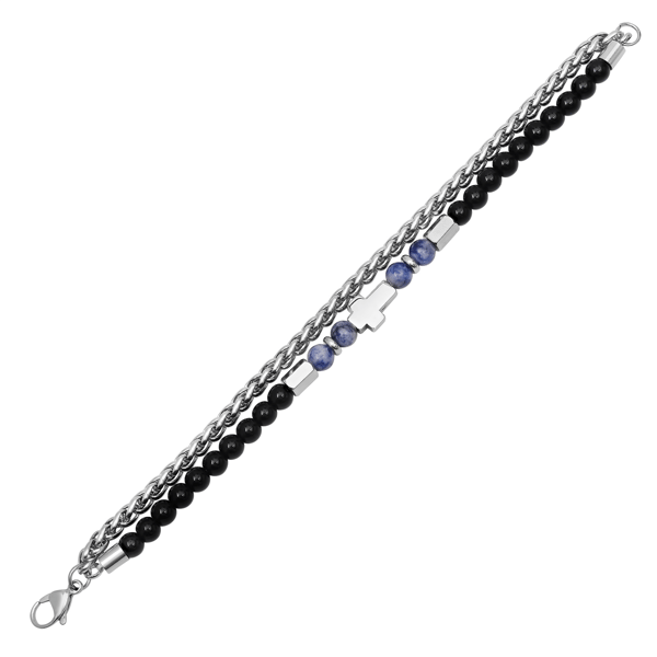 Mens Iron Saints Cross Blue Stone Beaded Chain Bracelet - image 