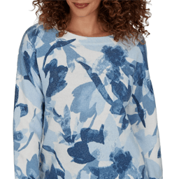 Womens Skye’s the Limit Icy Blue Sparkle Abstract Floral Sweater