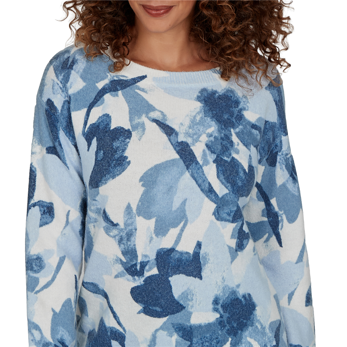 Womens Skye’s the Limit Icy Blue Sparkle Abstract Floral Sweater