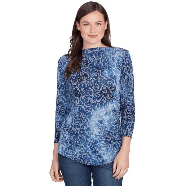 Womens Ruby Rd. Indigo Go Tie Dye Scroll Hacci Blouse - image 