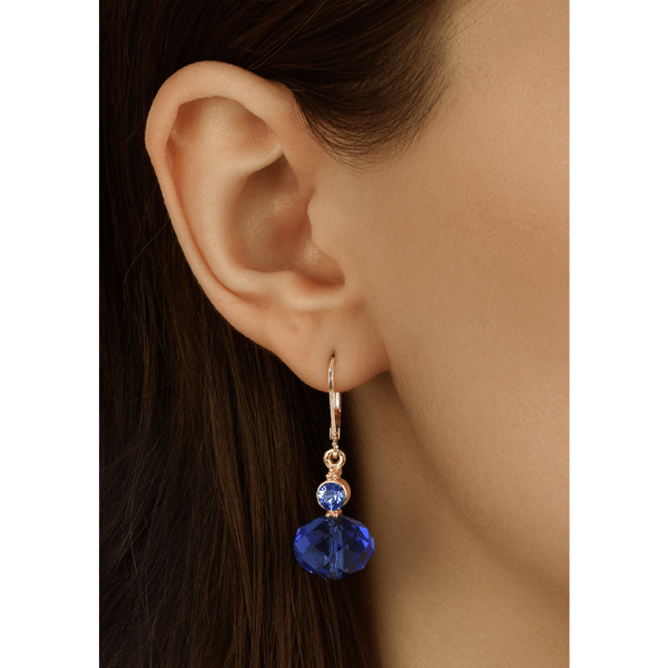 1928 Gold-Tone Rondell Blue Crystal Drop Leverback Earrings