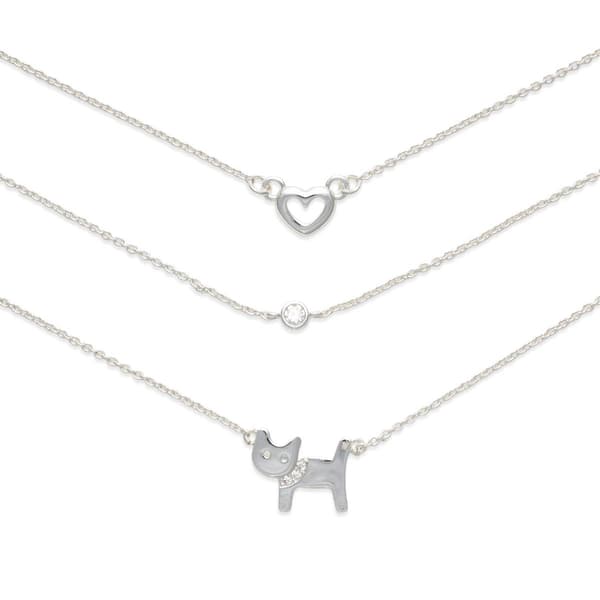 Three Silver-Tone Open Heart/Crystal/ Cat Charm Necklace Set - image 