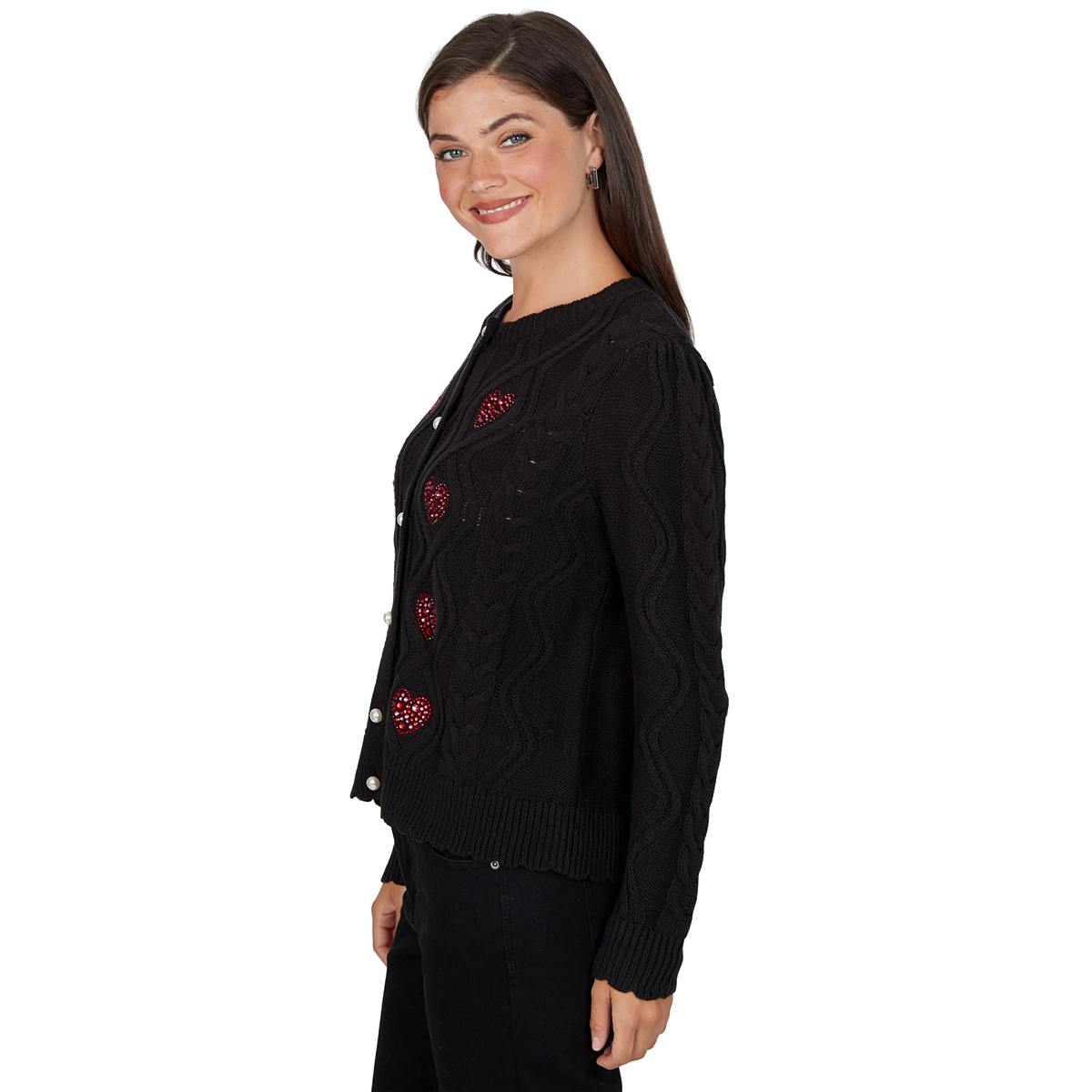 Womens Ruby Rd. Mysterious Romance Rhinestone Heart Cardigan