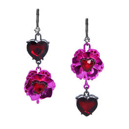 Betsey Johnson Flowers & Red Stone Hearts Drop Earrings