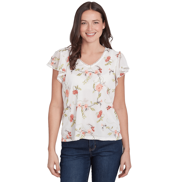 Petite Women''s Embroidered Mesh Top - image 