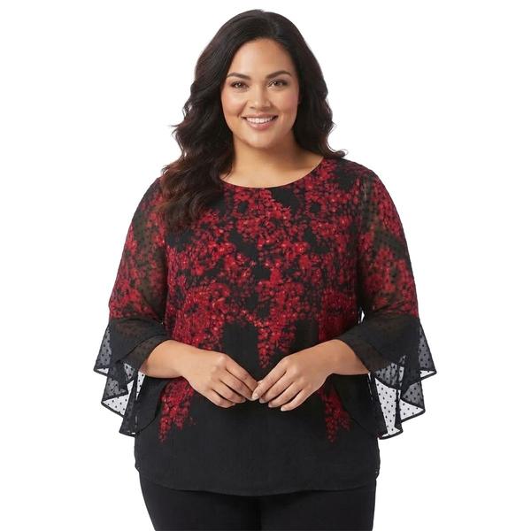 Plus Size Kasper 3/4 Ruffle Sleeve Textured Leaf Blouse - image 