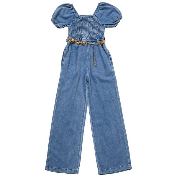 Girls (7-14) Rare Editions Short Sleeve Denim Jumpsuit w/ Belt