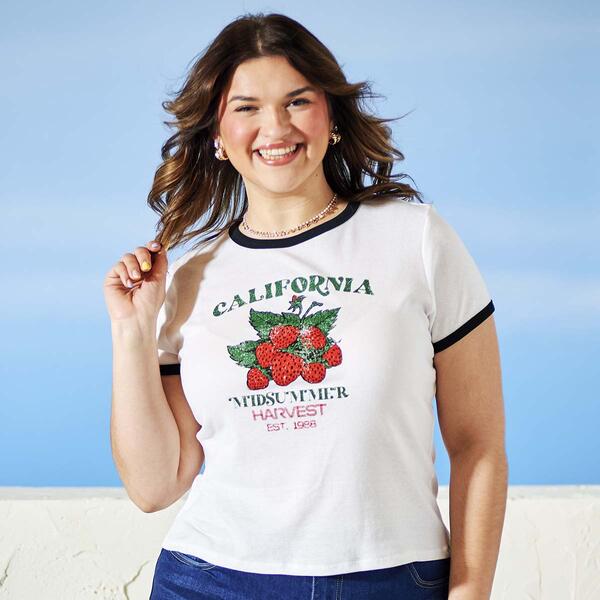 Juniors Plus No Comment Strawberry Graphic Ringer Tee - image 