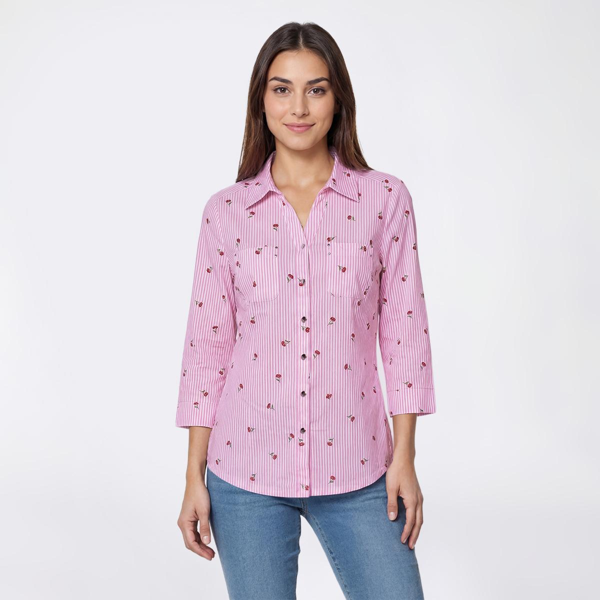Womens Emily Daniels 3/4 Sleeve Stripe Cherry Button Down
