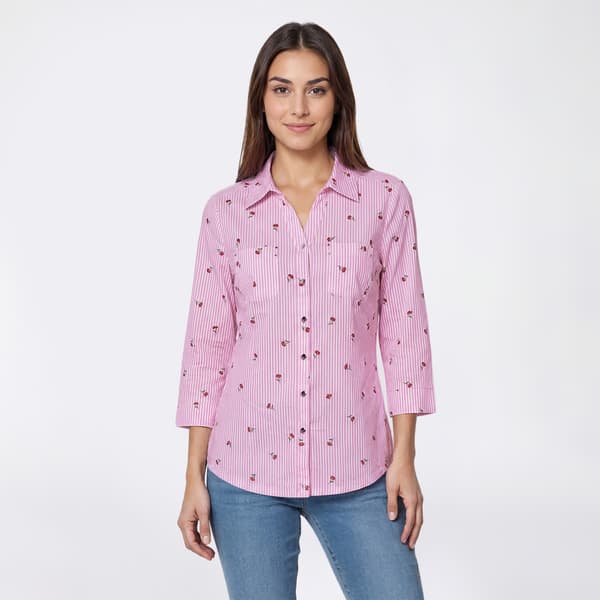 Petite Emily Daniels 3/4 Sleeve Stripe Cherry Button Down