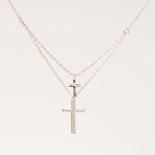 Design Collection Silver-Tone CZ Pave Cross Duo Pendant - image 