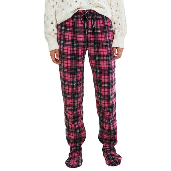 Womens Pillow Talk Plaid Microfleece Footed Pajama Pants