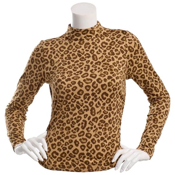 Juniors No Comment Fleece Mock Neck Long Sleeve Tee - Cheetah