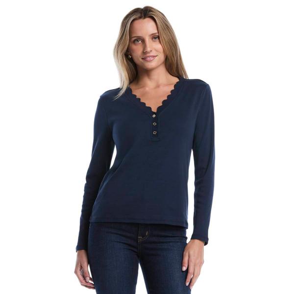 Womens Rafaella(R) Long Sleeve Scallop V-Neck Henley Tee - image 