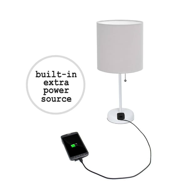 LimeLights White Stick Lamp w/Charging Outlet/Grey Shade-Set of 2