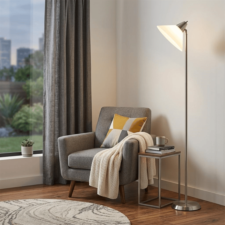 HomeRoots 72in. Silver Floor Lamp with White Plastic Shade