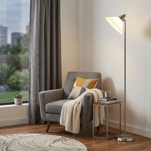 HomeRoots 72in. Silver Floor Lamp with White Plastic Shade