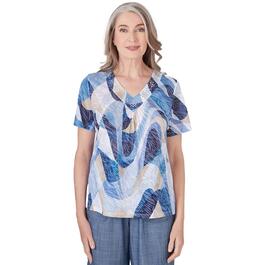 Petites Alfred Dunner Blue Bayou Knit Wavy Abstract Top