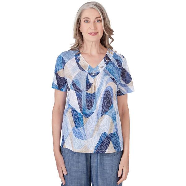 Petites Alfred Dunner Blue Bayou Knit Wavy Abstract Top - image 