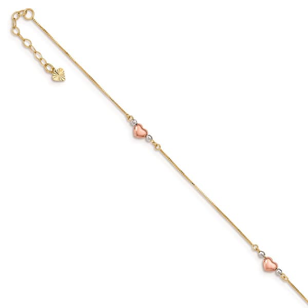 Gold Classics&#40;tm&#41; 14kt. Gold Tri-Color 9in. Puffed Heart Anklet - image 
