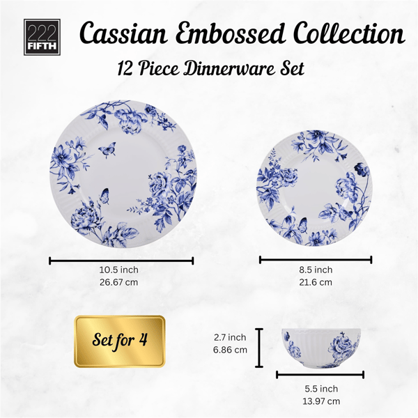 222 Fifth Cassian Embossed Toile Blue 12pc. Dinnerware Set
