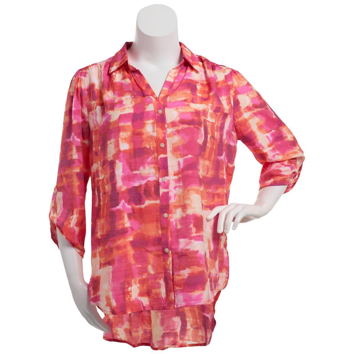 Plus Size NY Collection Abstract Button Front High Low Blouse