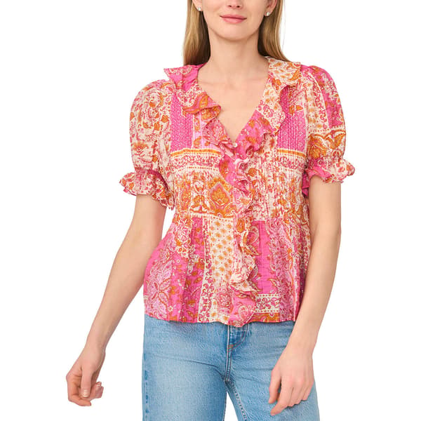 Womens Cece Short Sleeve V Neck Ruffle Front Patchwork Blouse - image 