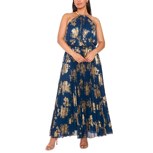 Plus Size MSK Sleeveless Halter Neck Pleated Foil Maxi Dress