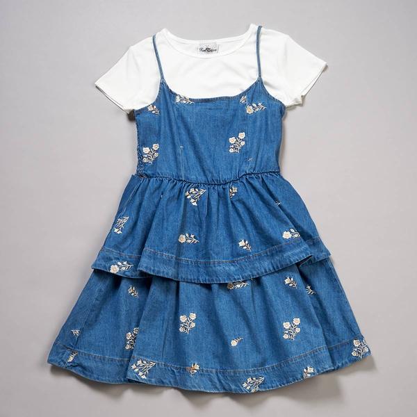 Girls (7-16) Rare Editions Tee & Embroidered Floral Denim Jumper - image 