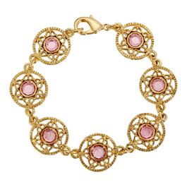 1928 Gold Tone Round Pink Stone Link Bracelet