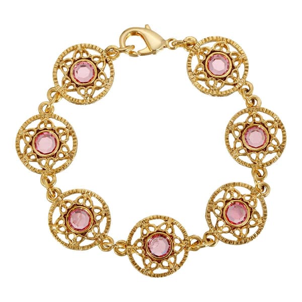 1928 Gold Tone Round Pink Stone Link Bracelet - image 