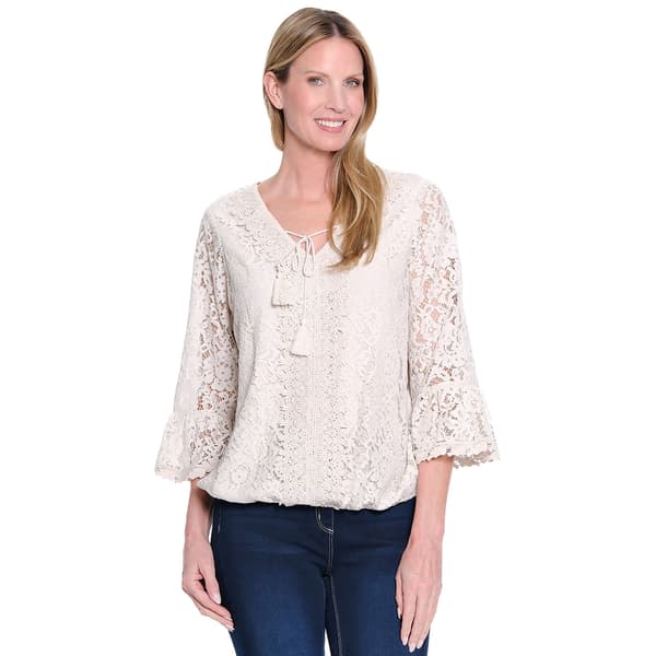 Womens Ali Miles Elbow Sleeve Laced Tie Front V-Neck Top - image 