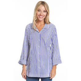 Womens Ali Miles 3/4 Sleeve Yarn Dye Stripe Button Front Shirt