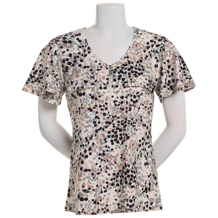 Plus Size Emily Daniels Short Sleeve 3/4 Zip Dot Jacquard Blouse