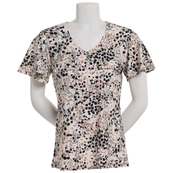 Womens Emily Daniels Short Sleeve 3/4 Zip Dot Jacquard Blouse - image 