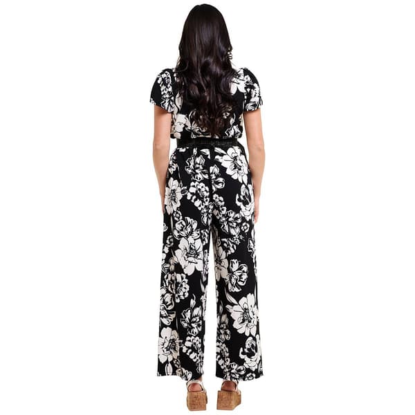 Womens Absolutely Famous Short Sleeve Belted Floral Jumpsuit