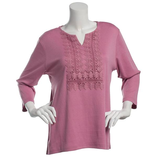 Petite Hasting & Smith 3/4 Sleeve Split Neck Lace Yoke Tee - image 