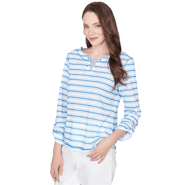 Petite Hearts of Palm Embraceable Blue Roll Tab Sleeve Blouse