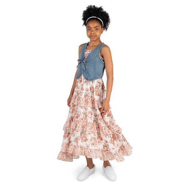 Girls (7-16) Rare Editions Floral Maxi Dress w/ Denim Vest
