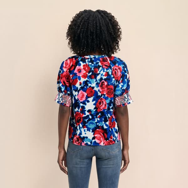 Womens Nicole Miller Short Puff Sleeve Split Neck Floral Blouse