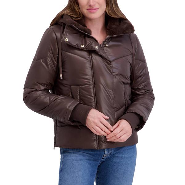 Womens Kensie Short Puffer Jacket With Faux Fur Collar - image 