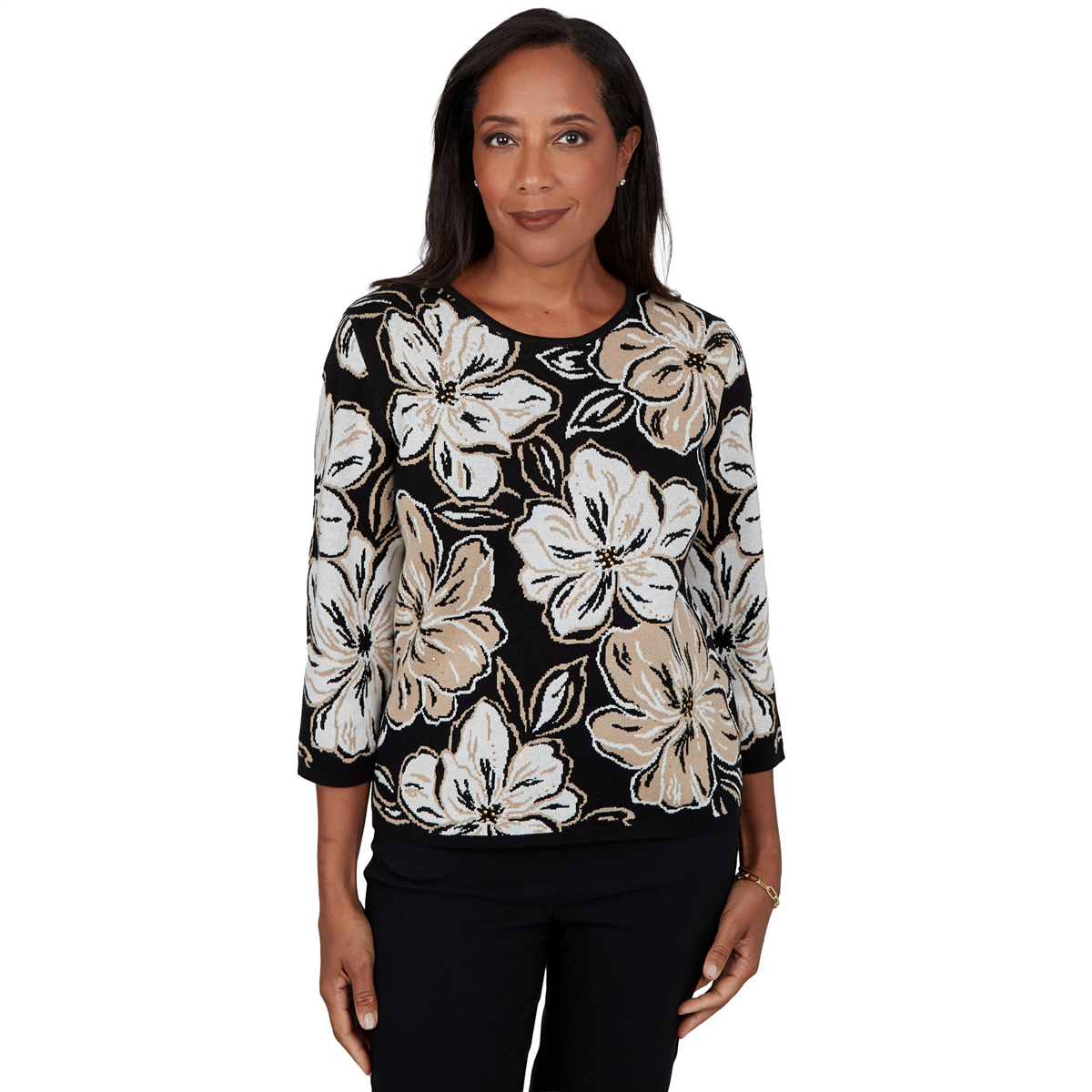 Womens Alfred Dunner Cityscape 3/4 Sleeve Large Floral Sweater