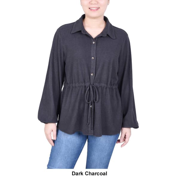 Womens NY Collection Long Sleeve Solid Tie Waist Flannel Top